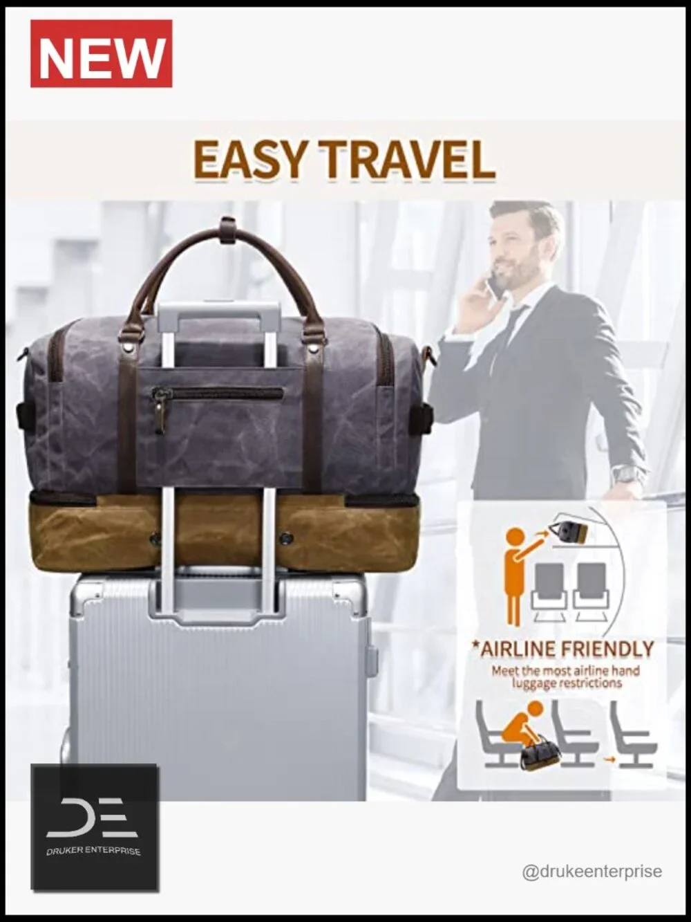 Canvas Leather Weekender Bag with Shoe Compartment Large Travel Duffel